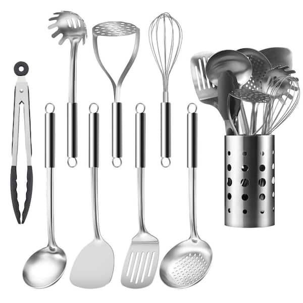 Premium Stainless Steel Kitchen Utensil Set with Organizer Holder, Multi-Functional Cooking Tools (9-Pack)