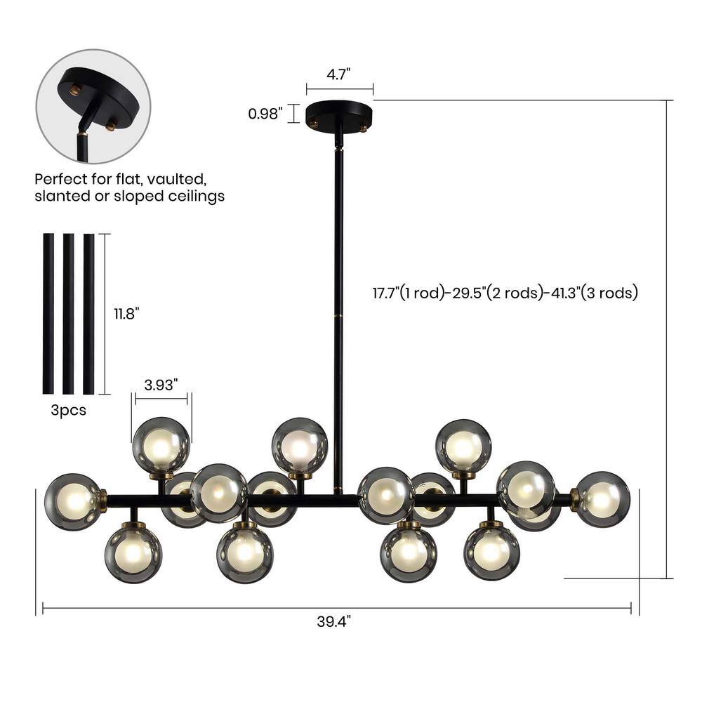 Modern Black Linear Glass Beaded 16-Light Chandelier