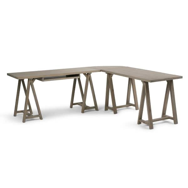 Simpli Home Sawhorse Solid Wood Modern Industrial 84 in. Wide L-Shape Corner Desk in Distressed Grey