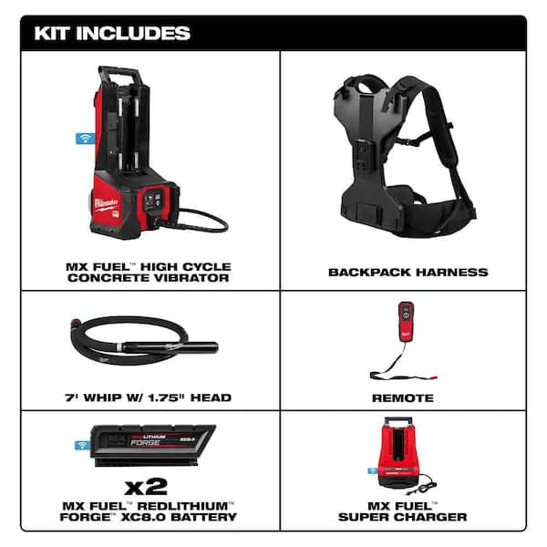 MX FUEL Backpack High Cycle Concrete Vibrator Kit w (2) FORGE XC8.0 Batteries, (1) MX FUEL Super Charger, (1) 7 Ft. Whip