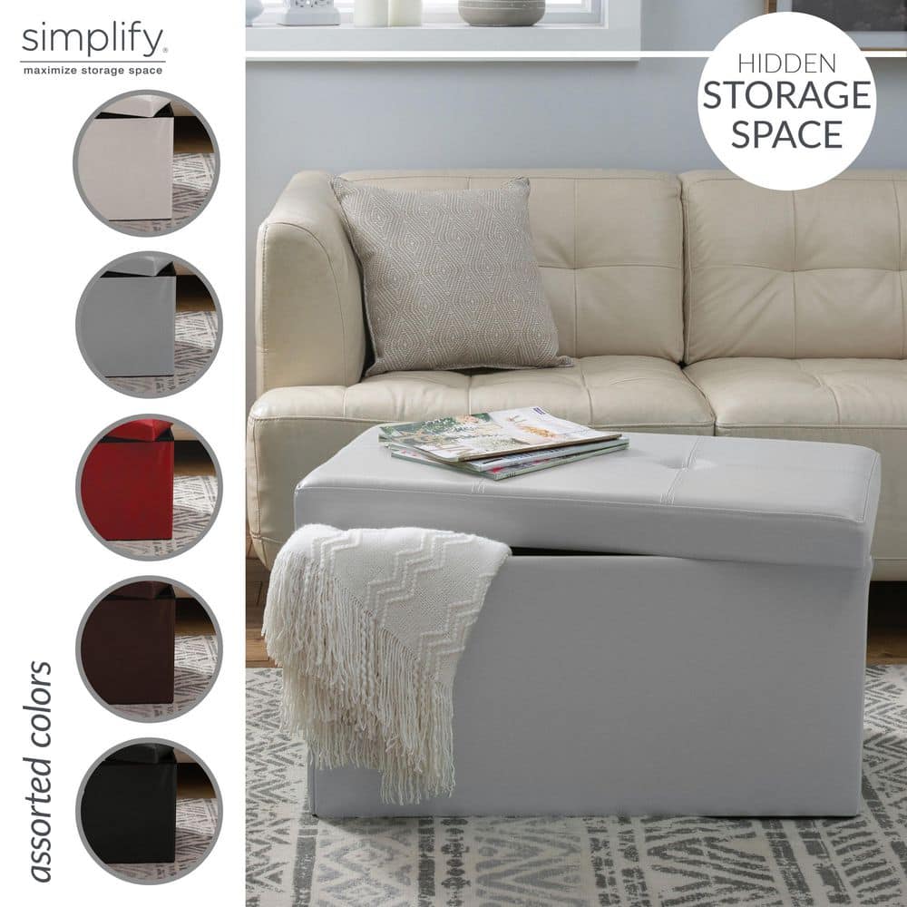 Classic Gray Faux Leather Folding Storage Ottoman Bench