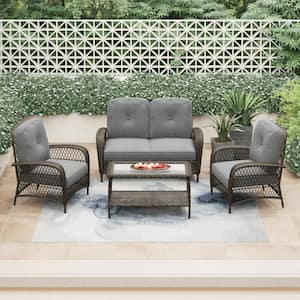 Modesto High-Density Polyethylene (HDPE) Wicker 4-Person Seating Group with Gray Cushions