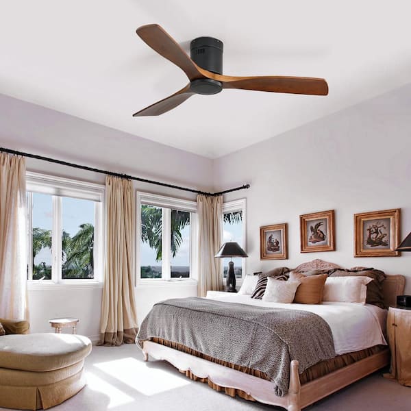 52 in. Smart Black Flush Mount Standard Ceiling Fan with 3 Solid Wood Blades, Noiseless Reversible Motor without Light