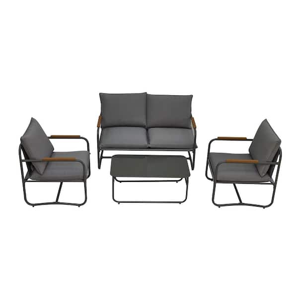 Sudzendf 4-Piece Outdoor Metal Patio Furniture Sets, Patio Conversation Set with Gray Cushion