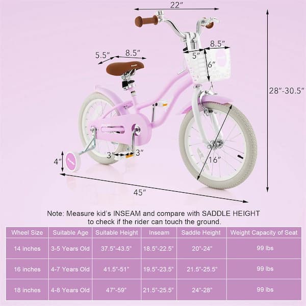 16 in. Kid's Bike Toddler Adjustable Bicycle with Training Wheel for 4-Years to 7-Years Old Purple