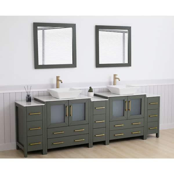 96 in. W Double Basin Vintage Green Bath Vanity with White Engineered Marble Top and Mirror