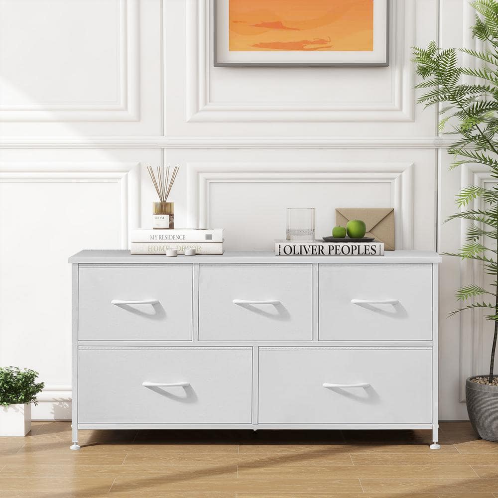 Modern 5 Drawer Chest of Drawers with Fabric Bin Steel Frame Wood Top for Bedroom Entryway White