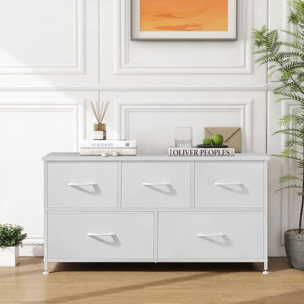 WONDER COMFORT Modern White 5 Drawer 11.8 in. Wide Chest of Drawers with Fabric Bin, Steel Frame, Wood Top for Bedroom, Entryway