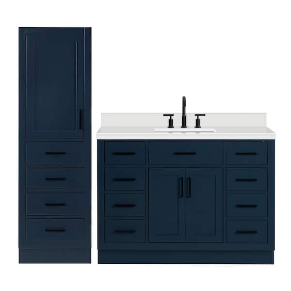 Hepburn 49 in. Single Sink Bath Vanity with Pure White Quartz Top and Linen Cabinet in Midnight Blue