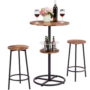 3-Piece Bar Table Set with Wine Rack, Round Bistro Table with 2 Stools for Breakfast Nook, Kitchen Brown DiningTable Set
