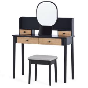 Black Makeup Vanity Table Set with Mirror Dressing Table with Cushioned Stool Desktop iPad Slot and 4-Storage Drawers