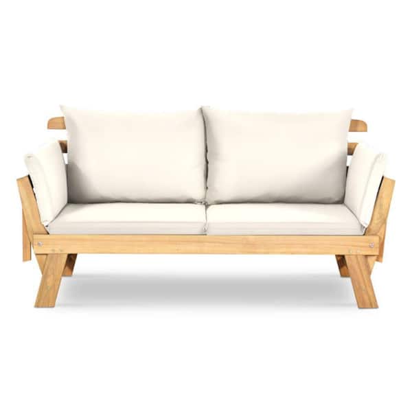 Alpulon 1-Piece Wooden Outdoor Convertible Recliner Sofa with White Cushions