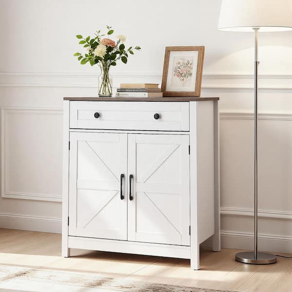 Coffee Bar Cabinet Farmhouse Coffee Bar Table with Drawer Buffet Stand Cabinet 2-Barn Door 29.5 x 14.7 x 31.5 in., White