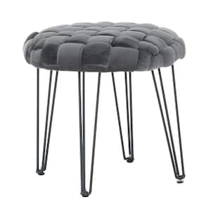 Grace Gray Basketweave Round Ottoman with Black Metal Hairpin Legs