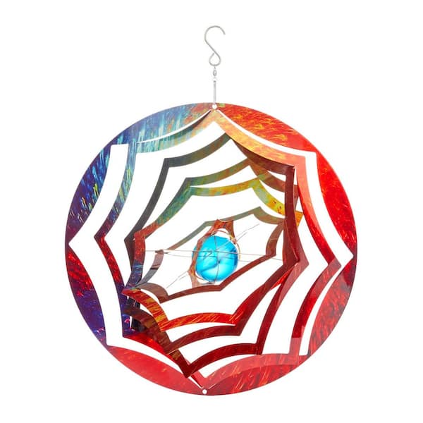 Alpine Corporation 12 in. Round Outdoor Hanging Metal Planet Wind Spinner with Blue Glass Ball