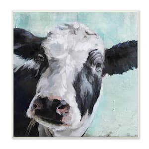 12 in. x 12 in. "Gentle Farm Cow Painting on Blue" by Artist Main Line Art and Design Wood Wall Art