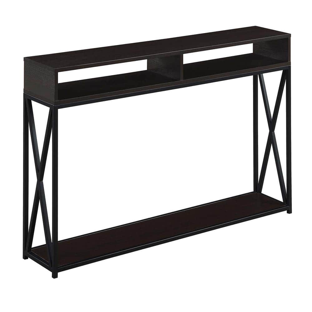 Espresso and Black Dual-Tiered Metal & Wood Console Table with Storage