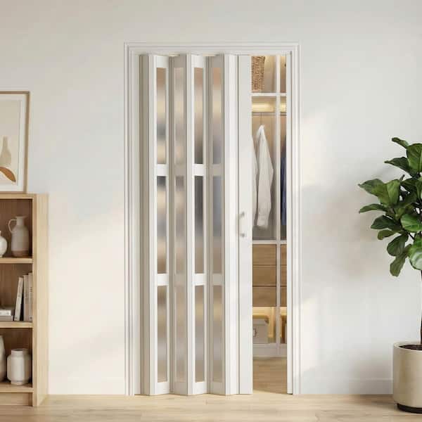 32 in. x 80 in. White Oak Finished 3-Lite Frosted Acrylic and PVC Interior Folding Accordion Door with Hardware Kit
