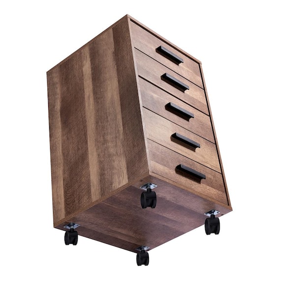 5 Drawer Chest With Wheels - Under Desk Storage, Fluted File Cabinet For Home Office, Light Walnut Finish