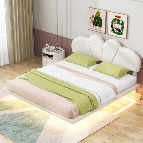 Harper & Bright Designs Floating Beige Wood Frame Queen Size PU Leather Upholstered Platform Bed with Under-Bed LED Light, Scalloped Headboard