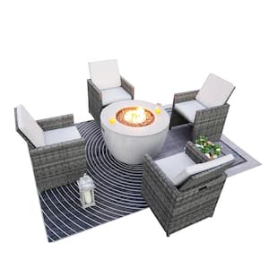 Silio 5-Pieces Rock and Fiberglass Fire Pit Table Conversation Set with 4 Wicker Chairs with Gray Cushions