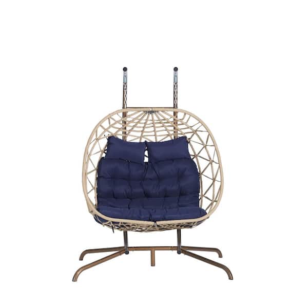 Unbranded 2-Person Light Yellow Wicker Patio Swing with Deep Blue Cushions, UV Resistant Frame and Water Resistant Cushion