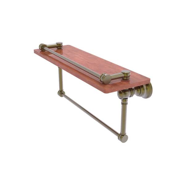 Allied Brass Carolina Collection 16 in. W x 7.4 in. H x 5.54 in. D Brass Rectangular Gallery Wood Shelf Towel Bar in Antique Brass