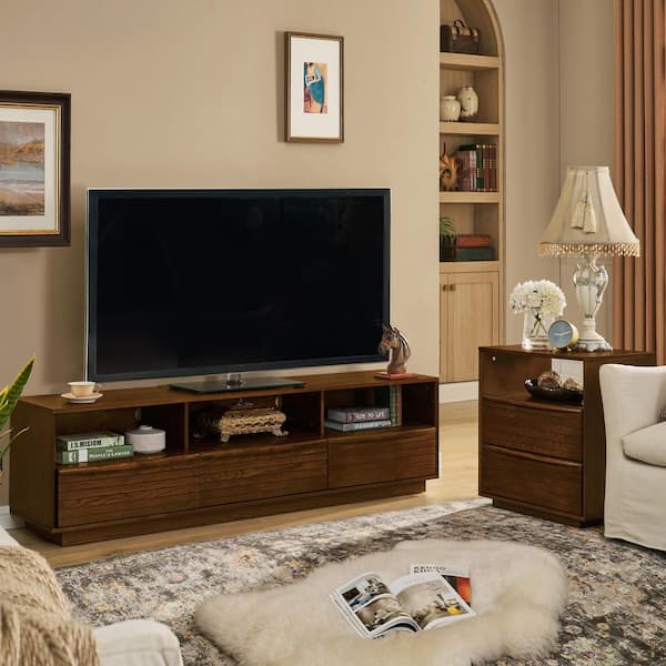 Walnut 63 in. Mid-Century Modern TV Stand, Farmhouse Entertainment Center with Solid Wood Drawers (Max TV Size 75 in.)