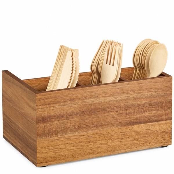 Acacia Wood Utensil Caddy Silverware Holder with 4 Compartments for Countertop Serving