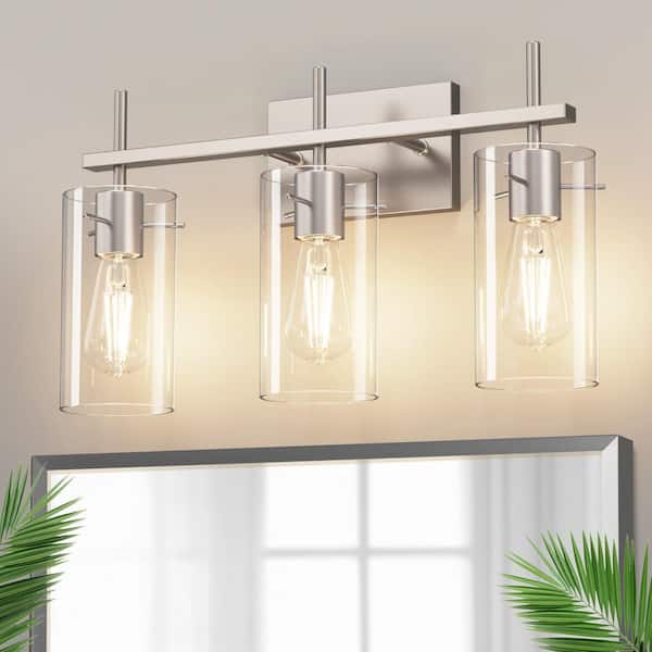 20 in. 3-Light Bathroom Brushed Nickel Metal Vanity Light Frame with Clear Glass Shades, Modern Bathroom Lighting