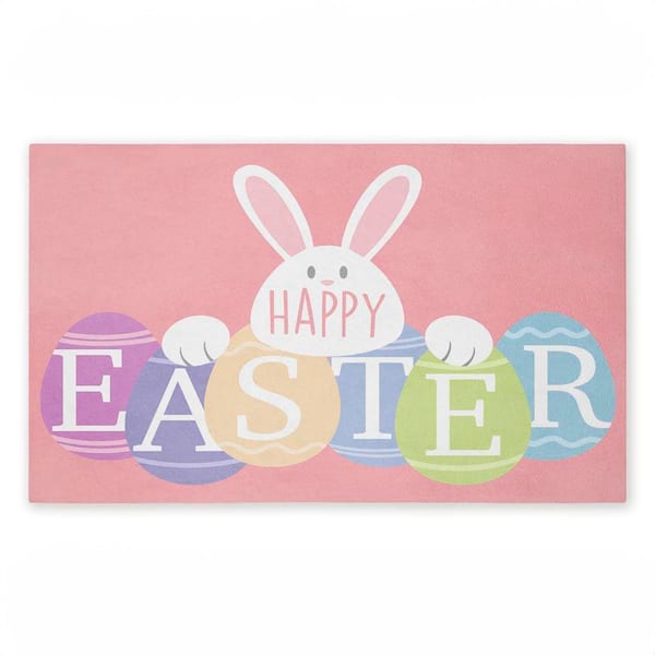 Happy Easter Bright Eggs Pink 18 in. x 30 in. Polyester Non-Slip Outdoor Door Mat