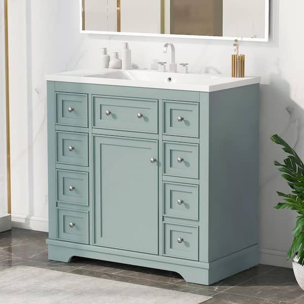 grossag 36 in. W x 18 in. D x 34.5 in. H Green Bath Vanity with Single Sink and White Ceramic Top 6-Drawers Adjustable Shelf
