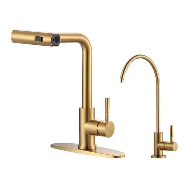 Brushed Gold 15.7 in. Single Handle Pull Down Sprayer Kitchen Faucet with 360° Swivel Spout and Drinking Water Faucet