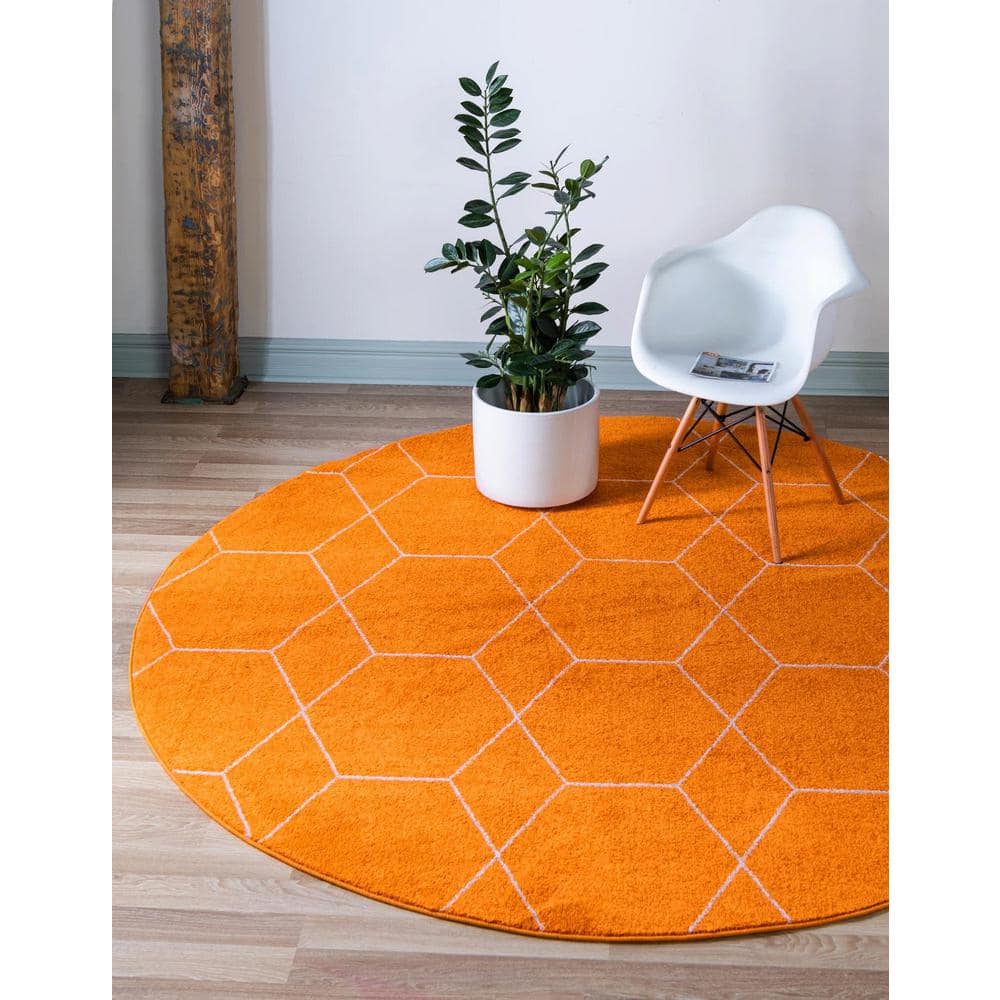 Trellis Frieze 8' Round Orange Synthetic Area Rug
