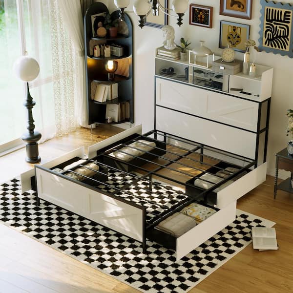 FUFU&GAGA Black and White Wood and Metal Frame Queen Size Platform Bed with 5-Open Shelves, 4-Hiden Drawrers, 8-Legs and LED Light