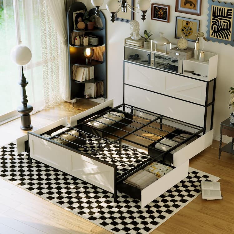FUFU&GAGA Black and White Wood and Metal Frame Queen Size Platform Bed with 5-Open Shelves, 4-Hiden Drawrers, 8-Legs and LED Light