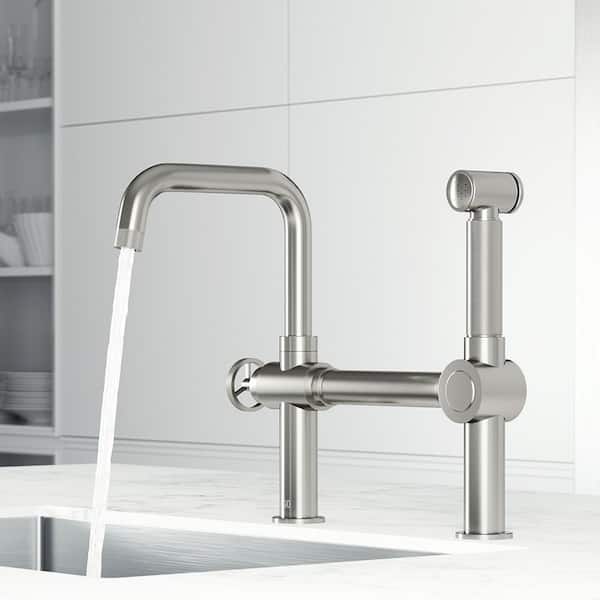 Cass Single-Handle High-Arc Widespread Bridge Kitchen Faucet with Pull-Out Side Sprayer in Stainless Steel