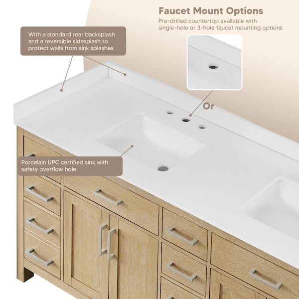 Beckett 66 in. Double Freestanding Whitewashed Oak Bath Vanity with White Quartz Top