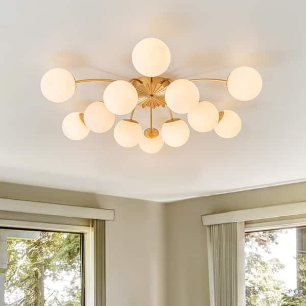 Ceder 39.4 in. W 12-Light Brushed Gold Modern Sputnik Semi-Flush Mount Chandelier w/ Globe Opal Glass and Flower Accent