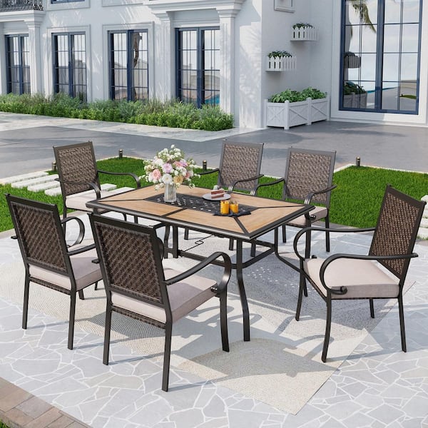 PHI VILLA Black 7-Piece Metal Patio Outdoor Dining Set with Geometric Rectangle Table and Rattan Arm Chairs with Beige Cushion