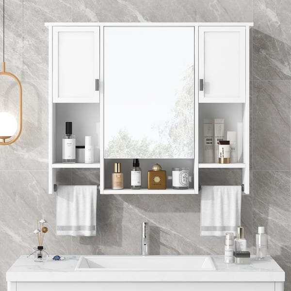 35 in. W x 28.7 in. H Rectangular MDF Board White Medicine Cabinet with Mirror and Towel Bar