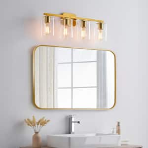 29.25 in. 4-Light Antique Brass Bathroom Vanity Lights with Rectangle Clear Glass Shade