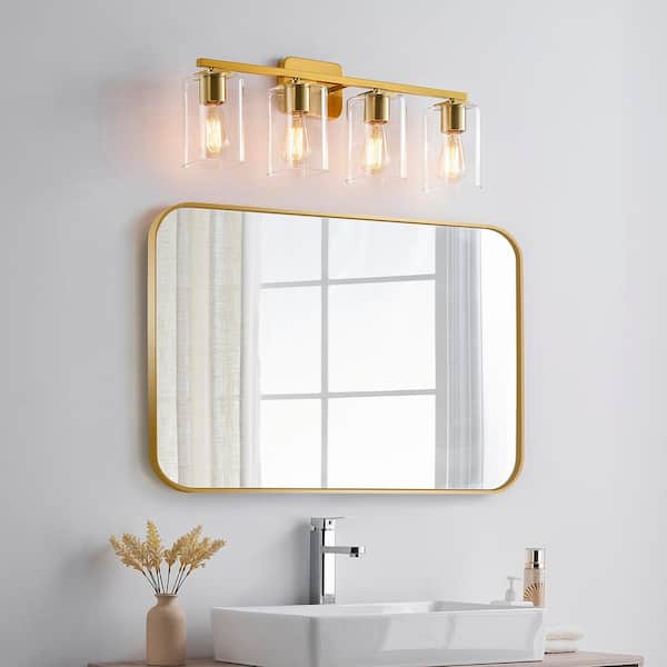 29.25 in. 4-Light Antique Brass Bathroom Vanity Lights with Rectangle Clear Glass Shade