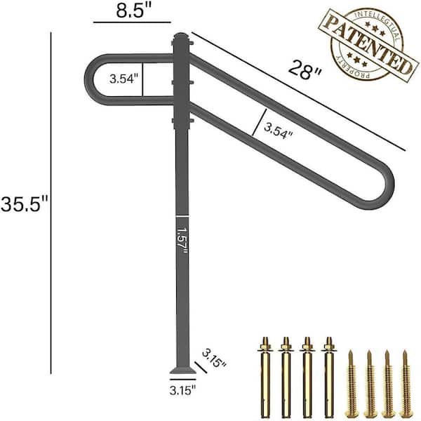 28 in. 8.5 in. L x 35 in. H Single Post Black Wrought Iron Handrail for Outdoor 1-3 Step Metal Outdoor Stair Railing
