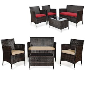 4-Piece Wicker Patio Conversation Furniture Set Sofa Chair with Brown and Red Cushions Garden