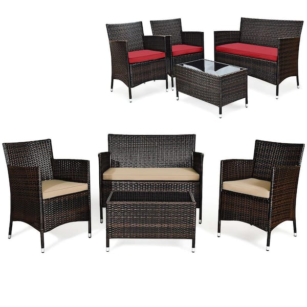Costway 4-Piece Wicker Patio Conversation Furniture Set Sofa Chair with Brown and Red Cushions Garden