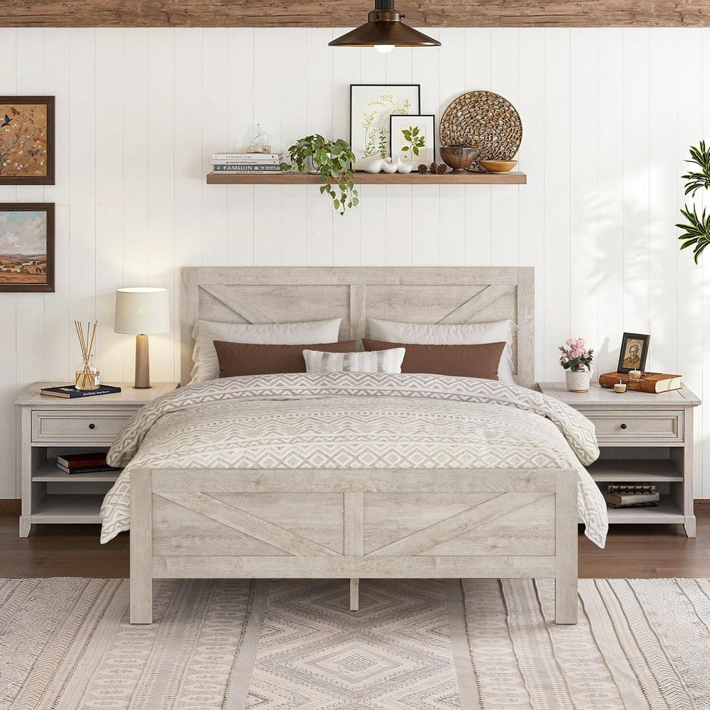 Rustic White Engineered Wood Frame King Size Platform Bed with Headboard, Footboard, and Under Bed Storage - thumbnail 2