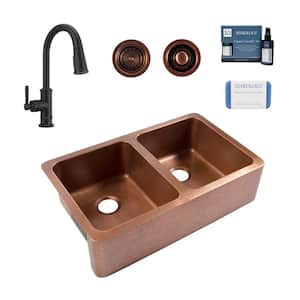 Adams 36 in. Farmhouse Apron Front Undermount Double Bowl 16-Gauge Antique Copper Kitchen Sink with Bronze Faucet Kit