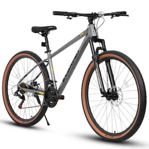 27 in. Wheels Mountain Bike Carbon Steel Frame Disc Brakes Thumb Shifter Front fork Bicycles, Gray