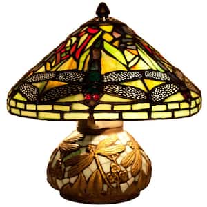 10 in. Green Table Lamp with Stained Glass Shade and Mosaic Base
